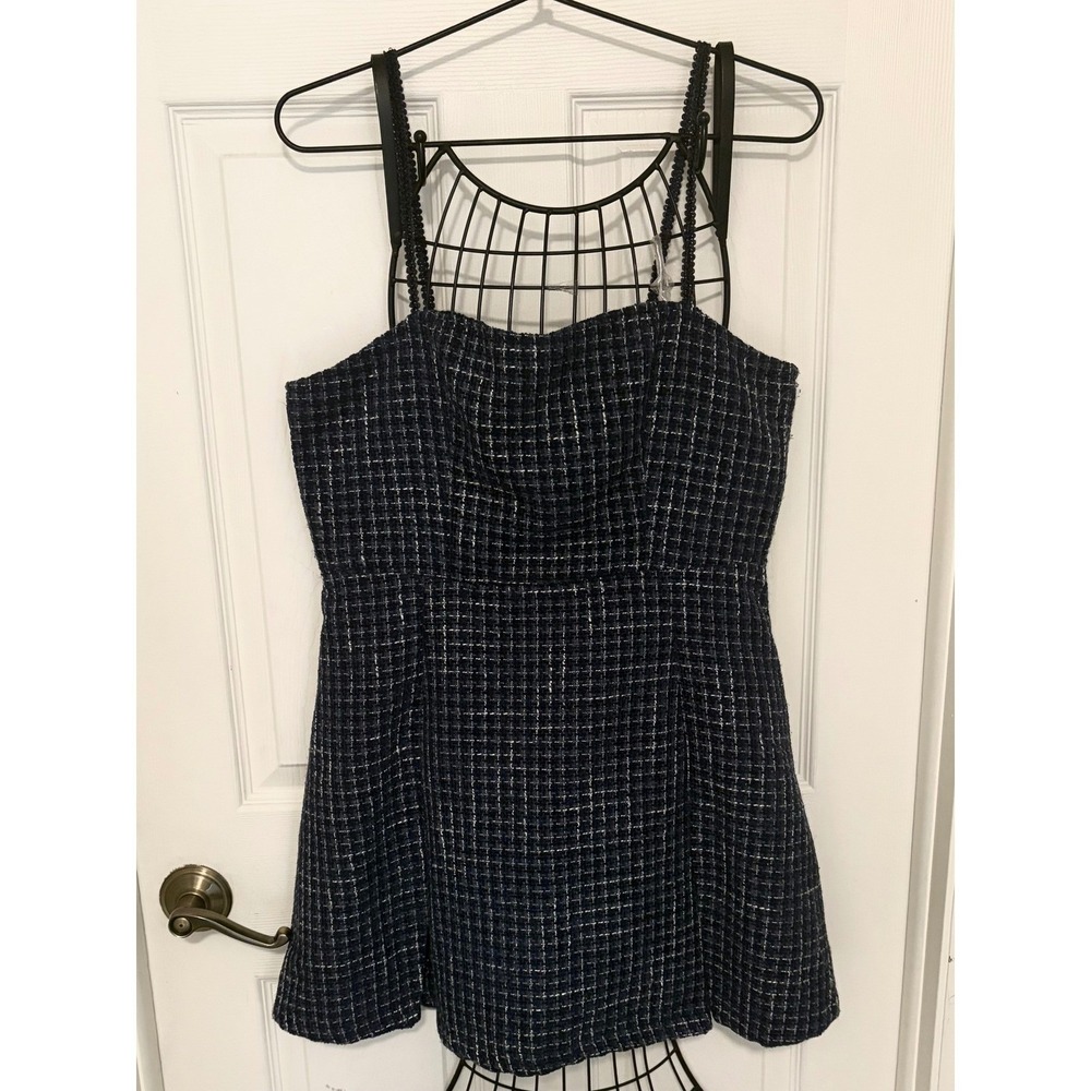 Cider Women's XL Navy Tweed Fit Flare Mini Dress Beaded Straps Preppy